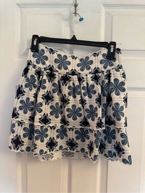 Floral Eyelet Tiered Skirt - White & Navy